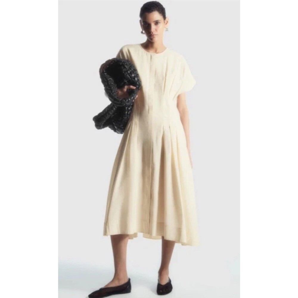 COS Waisted Pleated Midi Dress Button Front Ivory Cream Pockets Lined Size 4